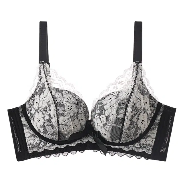 二三二三 聚拢提拉上托亲肤舒适内衣侧收副乳无钢圈可调节肩带软支撑胸罩法式蕾丝下摆浪漫慵懒简约时尚百搭性感纯欲文胸 女款
