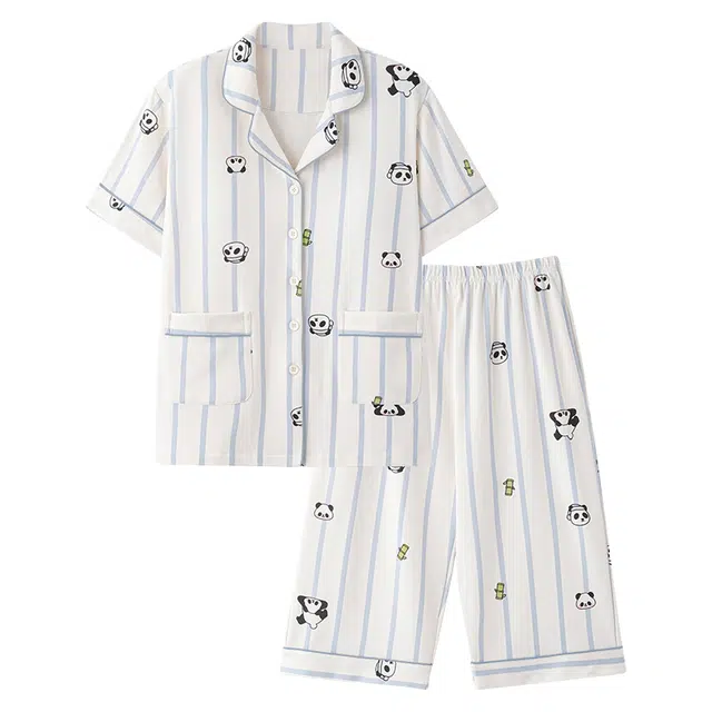 睦隆世家 短袖纯棉薄款舒适休闲七分裤带胸垫家居服睡衣套装 女款