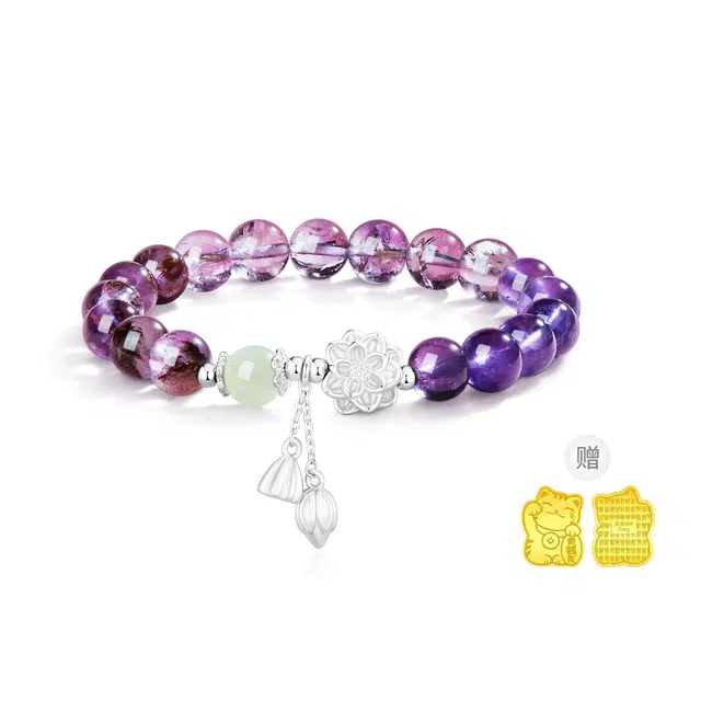 中国黄金 珍·尚银 九紫离火莲花 新中式国潮好运莲莲轻奢招财能量石事业有成设计感百搭串珠 女友纪念日礼盒装 好运  水晶 手串 女款