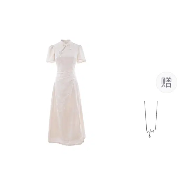 识恩 新中式纯色立领镂空提花盘扣设计服饰短袖连衣裙 女款