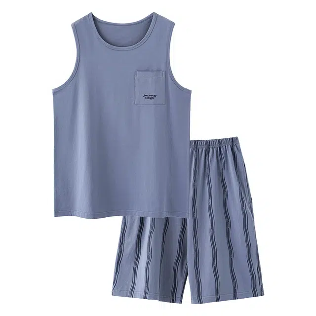 睦隆世家 纯棉可外穿加大码无袖短裤背心家居服睡衣套装 男款