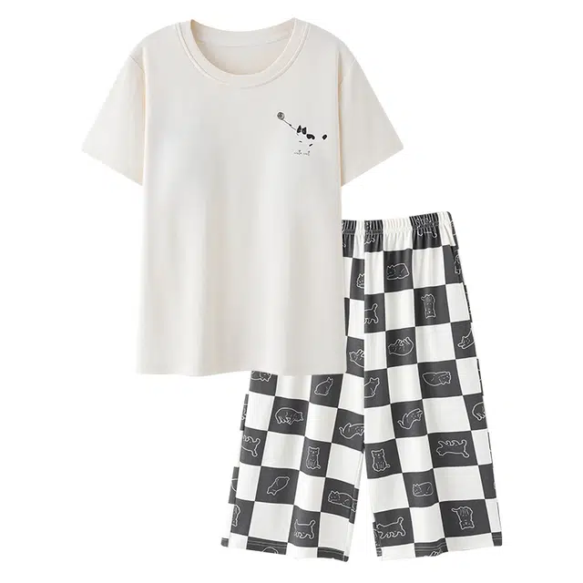 睦隆世家 带胸垫短袖七分裤薄款休闲家居服睡衣套装 女款