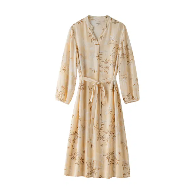 着西 宽松海棠花度假轻盈飘逸长袖连衣裙 女款