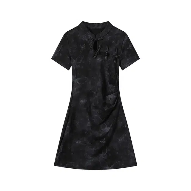 古莲菲 性感风新中式改良旗袍女夏季修身显瘦气质褶皱包臀短袖连衣裙 女款