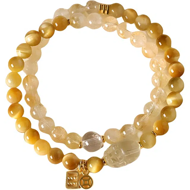饰之颜 国潮复古黄阿赛双圈串珠 招财好运 小众高级感貔貅百搭时尚天然 黄水晶 手串 男女同款情侣款