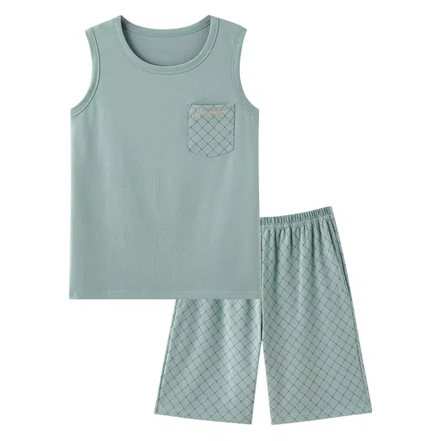 睦隆世家 背心纯棉无袖短裤休闲舒适宽松家居服可外穿睡衣套装 男款