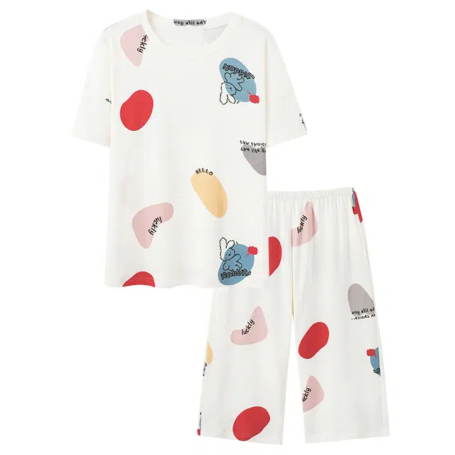 睦隆世家 纯棉薄款短袖舒适家居服简约可外穿睡衣套装 女款