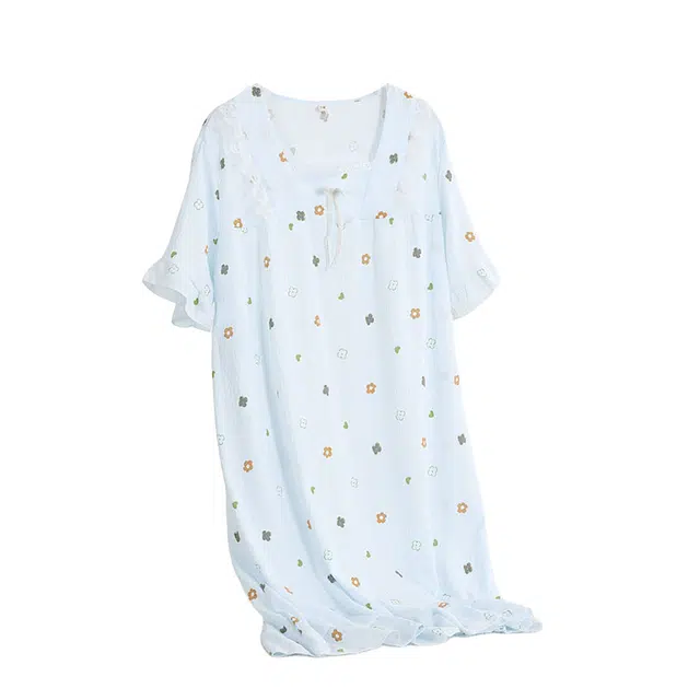 黛尔佳人 夏季泡泡裙蕾丝方领可爱短袖睡裙 女款