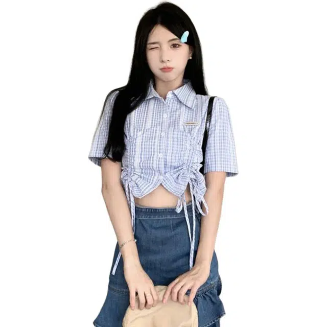 水中花 抽绳甜美设计感心机小众别致上衣短袖衬衫 女款