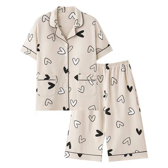 睦隆世家 短袖纯棉舒适休闲七分裤带胸垫家居服可外穿睡衣套装 女款