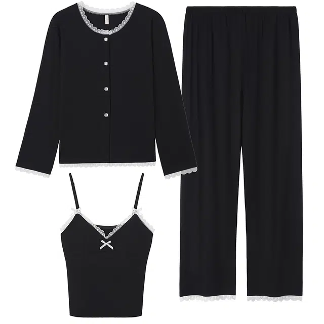 顶瓜瓜 简约舒适长袖上衣带胸垫吊带可外穿家居服长裤睡衣套装 女款