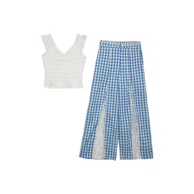 敲模女孩 法式纯欲风辣妹蕾丝修身小飞袖上衣高腰格纹拼接镂空阔腿裤休闲套装 女款