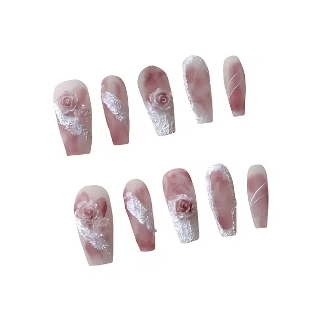 计轩 玫瑰少女手绘浮雕油画  穿戴甲 中长款粉白晕染 法式