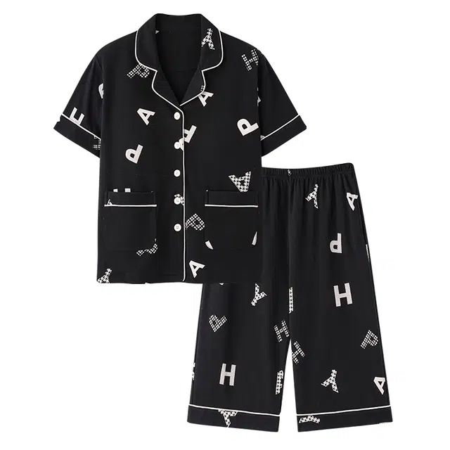 睦隆世家 短袖纯棉薄款七分裤带胸垫家居服睡衣套装 女款