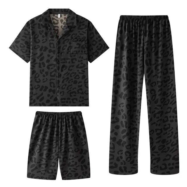 宫蝶 短袖冰丝薄款复古风家居服可外穿休闲大码开衫睡衣套装 男款