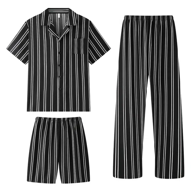 宫蝶 冰丝短袖家居服休闲复古风可外穿大码条纹开衫薄款睡衣套装 男款