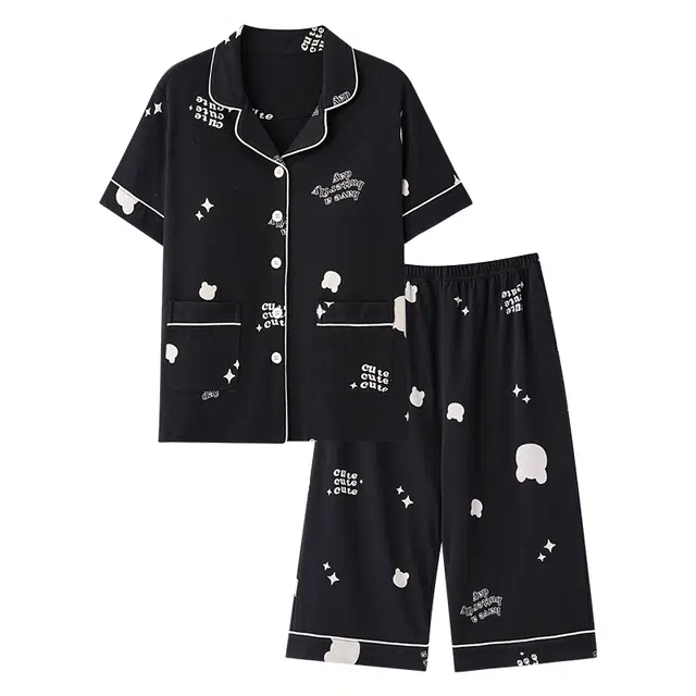 睦隆世家 短袖纯棉薄款七分裤舒适带胸垫家居服睡衣套装 女款