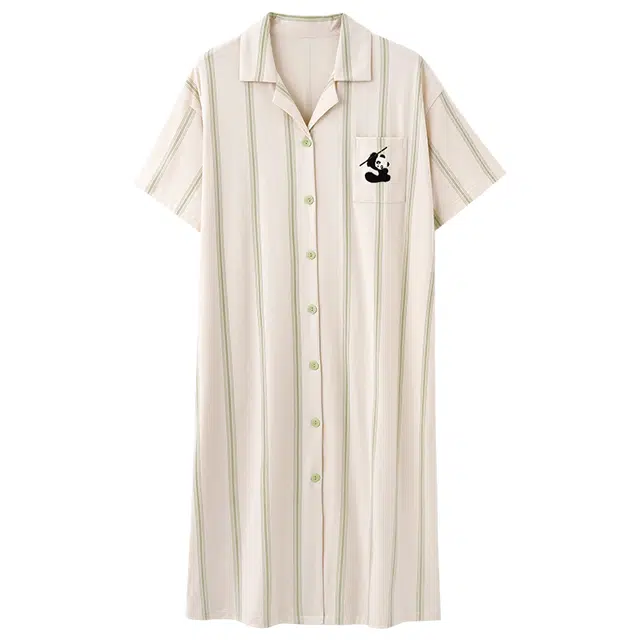 俏佳人 纯棉柔软亲肤透气基础条纹翻领休闲短袖慵懒家居服睡裙 女款