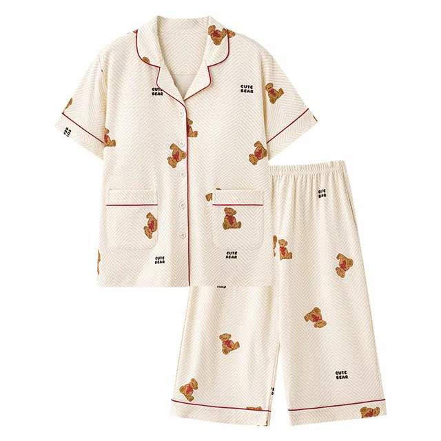 睦隆世家 短袖纯棉休闲舒适七分裤带胸垫家居服睡衣套装 女款