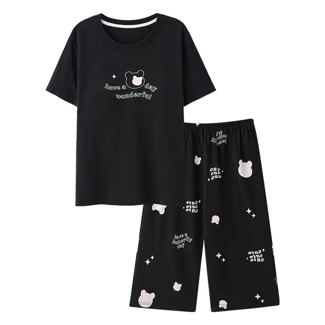 睦隆世家 卡通休闲短袖大码七分裤夏季睡衣套装 女款