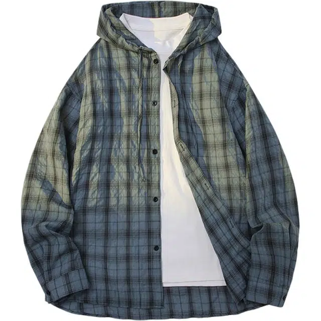 颂希尔 美式连帽格子防晒宽松复古百搭长袖衬衫 男女同款