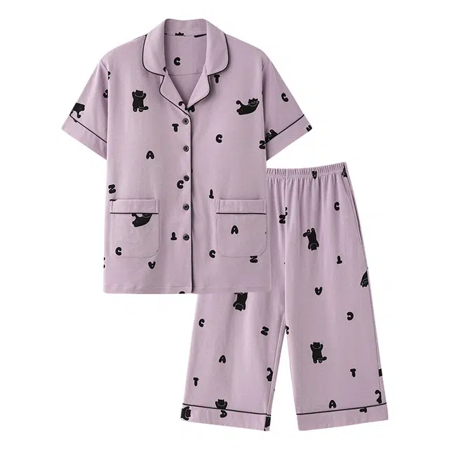 睦隆世家 短袖纯棉薄款休闲七分裤带胸垫家居服可外穿睡衣套装 女款