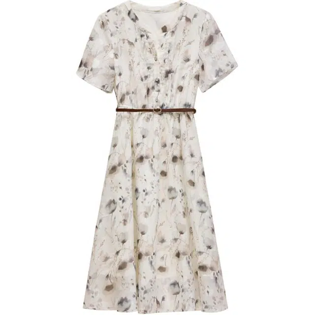 沐晓欣 水墨复古法式桔梗气质收腰小裙子短袖连衣裙 女款