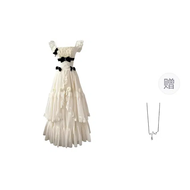 识恩 韩版宫廷风甜美小飞袖大裙摆收腰显瘦时尚长裙短袖连衣裙 女款