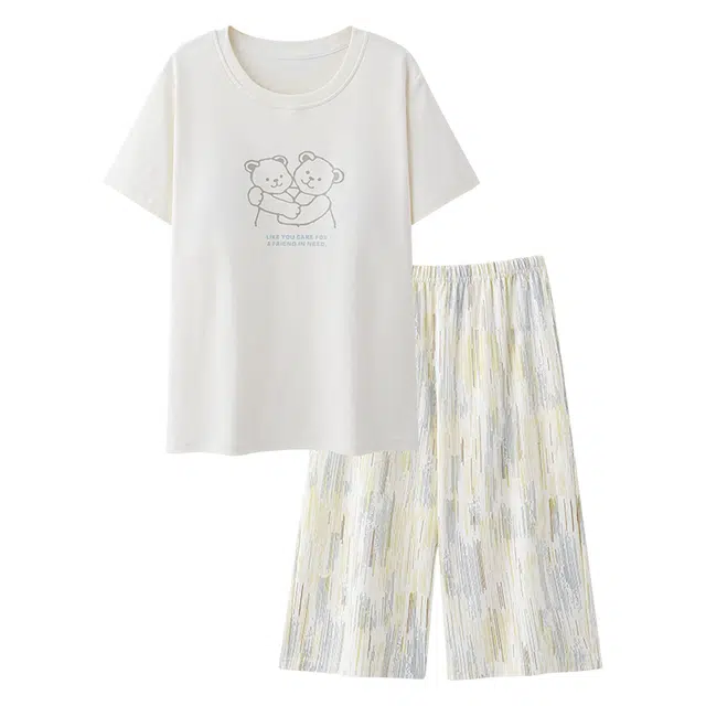 睦隆世家 带胸垫休闲短袖七分裤薄款家居服睡衣套装 女款