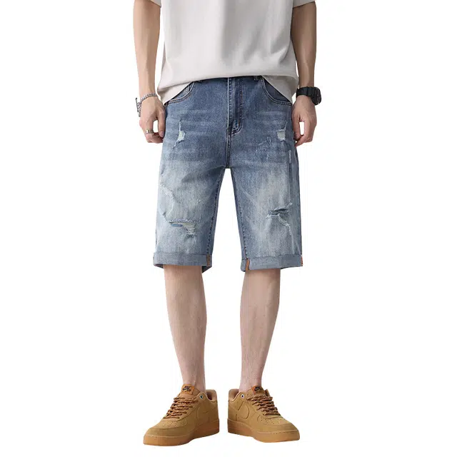 协协乐 夏季薄款美式复古潮牌破洞休闲五分中裤牛仔短裤 男款