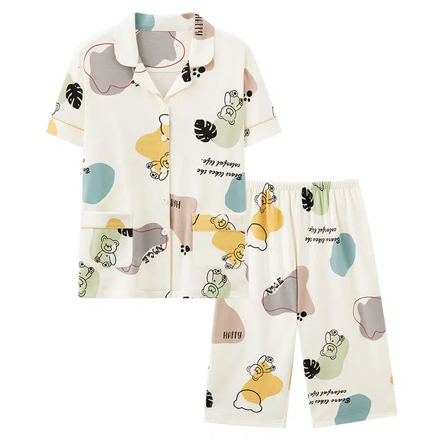 睦隆世家 纯棉短袖七分裤薄款甜美休闲开衫家居服睡衣套装 女款