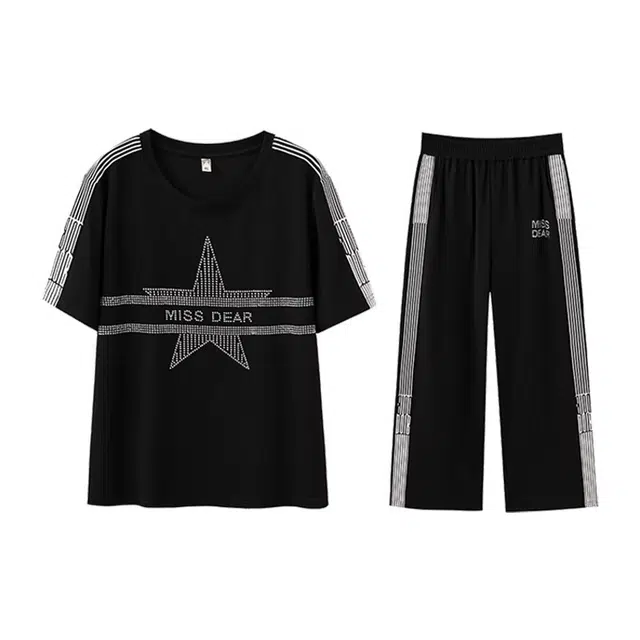 云妃秀 大码女装减龄宽松圆领上衣长裤二件套显瘦韩版气质夏季休闲套装 女款