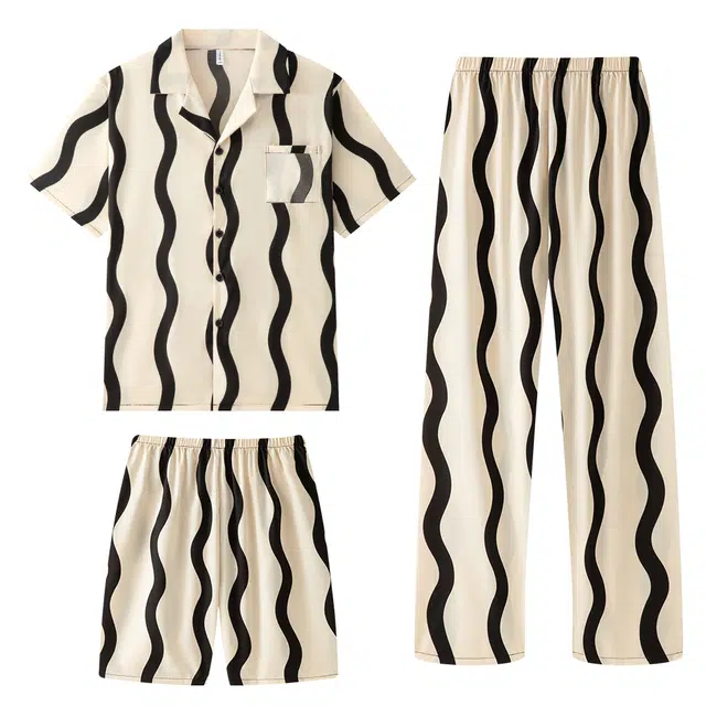 宫蝶 冰丝短袖家居服薄款三件套休闲复古风可外穿大码开衫夏季睡衣套装 男款