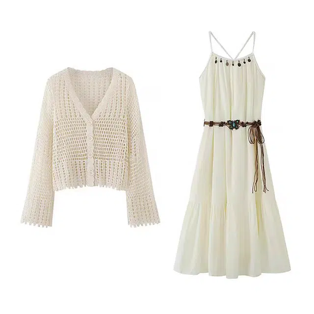 敲模女孩 法式慵懒风复古盐系设计感时尚系带露背纯色甜美连衣裙针织镂空防晒罩衫裙装套装 女款