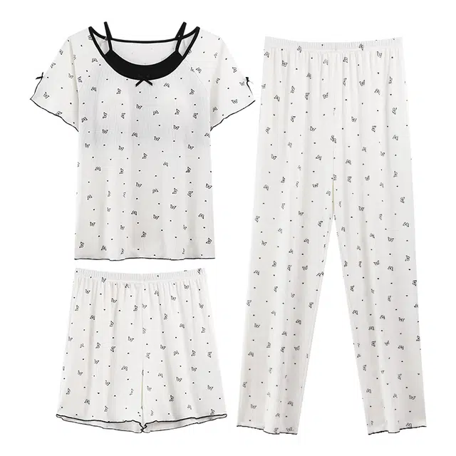 俏韵 甜美短袖三件套舒适带胸垫家居服可外穿睡衣套装 女款