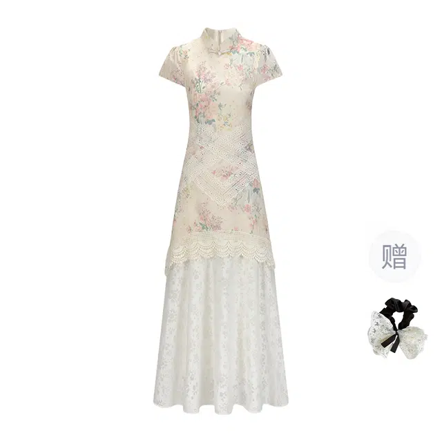 涂诗菲 新中式温柔风改良旗袍蕾丝假两件镂空碎花裙修身显瘦短袖连衣裙 女款
