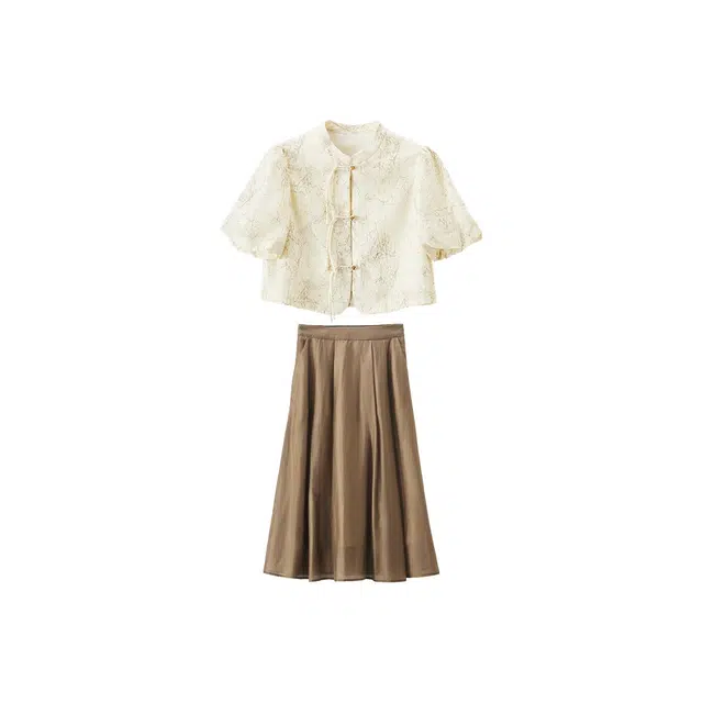 沐晓欣 复古时尚国风穿出印花简约气质优雅大方高级设计感画廊少女感新中式轻国风立领单排扣短袖上衣半身裙子裙装套装 女款