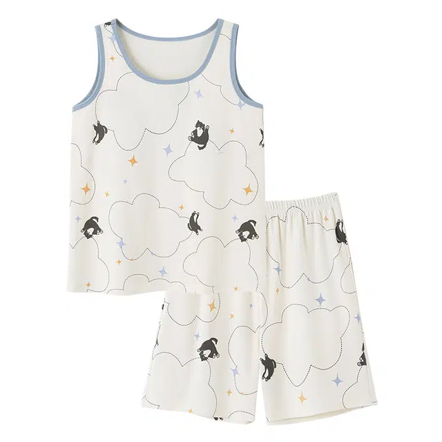 睦隆世家 背心款纯棉无袖短裤带胸垫防凸点一体舒适休闲可外穿家居服睡衣套装 女款