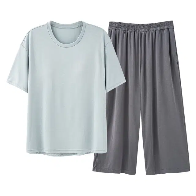 俏佳人 带胸垫垂感柔软亲肤透气基础休闲短袖七分裤慵懒家居服睡衣套装 女款