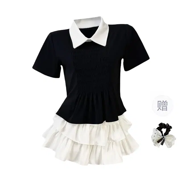 涂诗菲 韩系甜美翻领压褶假两件短袖上衣高腰显瘦甜美蛋糕裙裙装套装 女款