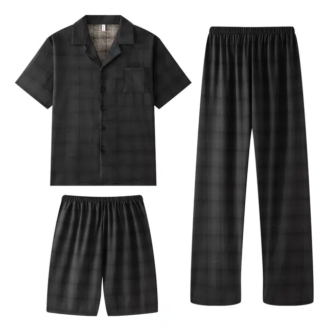 宫蝶 短袖冰丝薄款复古风家居服三件套可外穿休闲大码开衫睡衣套装 男款