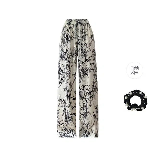 雾闪闪 新中式国风阔腿高腰竹纹印花透气宽松直筒百搭垂感舒适休闲裤 女款