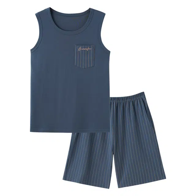 睦隆世家 背心薄款纯棉无袖短裤休闲家居服可外穿宽松睡衣套装 男款