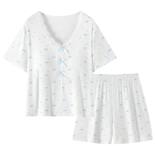 顶瓜瓜 蝴蝶结简约带胸垫舒适短袖可外穿家居服睡衣套装 女款