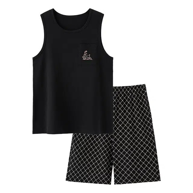 莫代尔 轻熟风气质时尚个性圆领套头舒适柔软亲肤细腻宽松休闲无束缚背心短裤可外穿家居服睡衣套装 男款