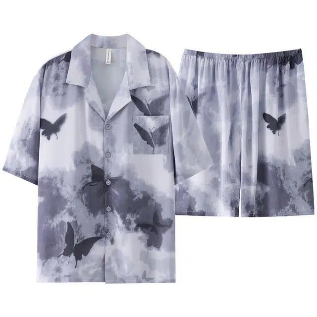 莫代尔 休闲简约宽松细腻翻领开衫舒适柔软亲肤透气显瘦个性无束缚短袖短裤情侣款家居服可外穿睡衣套装 男女同款