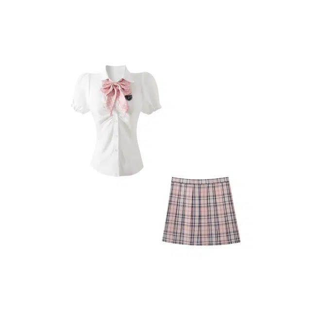 花山家的猫 尖领泡泡袖高腰短袖衬衫高腰百褶裙领结纯欲校园风制服 女款