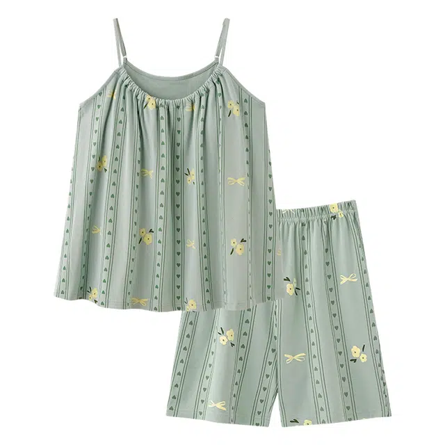 睦隆世家 带胸垫一体夏季性感吊带短裤夏天薄款家居服睡衣套装 女款