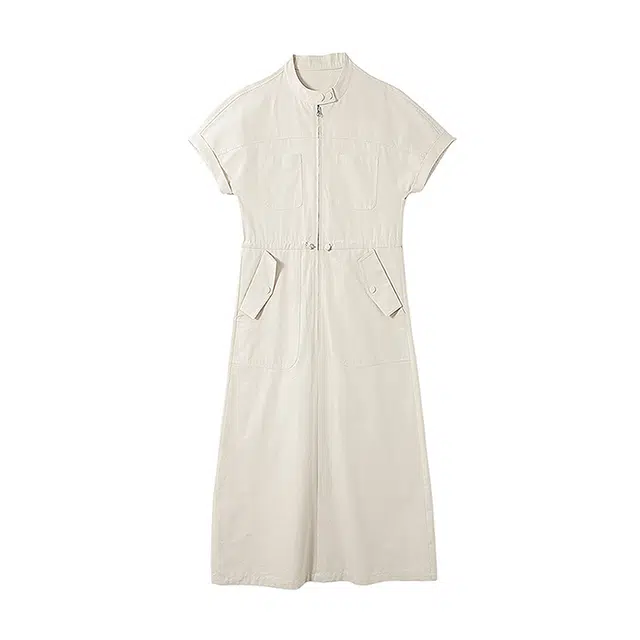 潞优野 夏季工装风立领调节腰小个子短袖连衣裙 女款