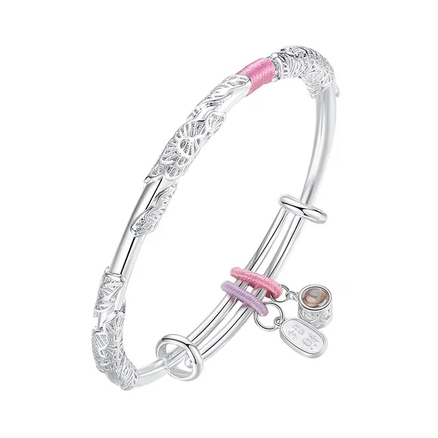 【定制投影】 银千惠 新中式繁花似锦紫藤花立体浮雕福牌镯子 国风小众花丝缠绕可调节姓名定制 恋爱简约轻奢素圈招财百搭 合金 手镯 女款